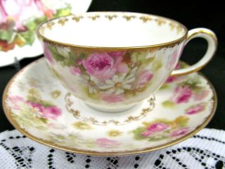 Limoges France Tea Cup And Saucer Pink Roses Daisy Pattern Teacup Gold Gilt