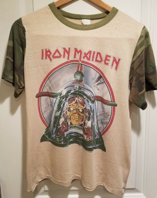 IRON MAIDEN - Aces High CAMO Vintage Tee Shirt LARGE rare AUTHENTIC 80 ' s 2