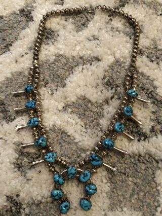 Southwest Squash Blossom Turquoise Necklace Sterling Silver 24 "