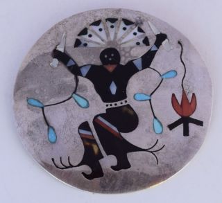 Vintage Native American Zuni Sterling Silver,  Gem Inlay Dancing Kachina Pendant