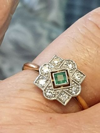 Fine Vintage Art Deco 18 Carat Gold & Emerald & Eight Cut Diamond Ring Size O
