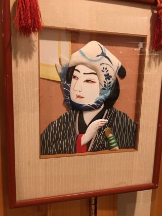 Vintage Japanese Samurai 3d Fabric Art Wooden Frame Rare Piece
