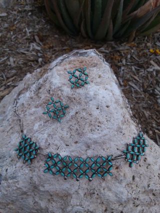 Vintage Zuni Sterling Turquoise Petite Point Necklace & Pierced Earring Set