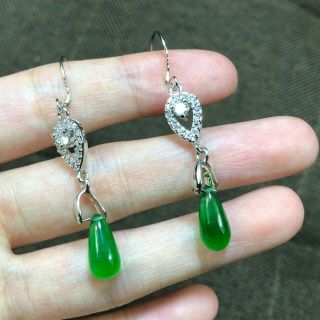 Collectible Chinese Handwork S925 Silver & Green Jadeite Jade Rare Pair Eardrop