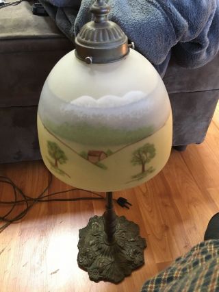 Antique Hand Painted Glass Shade Reverse Style Lamp 963 Leaf Ivy Brass Base