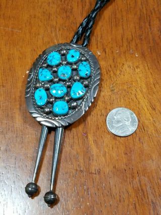 Huge Vintage Antique Sterling Silver Turquoise Tommy Moore Bolo Tie Leather