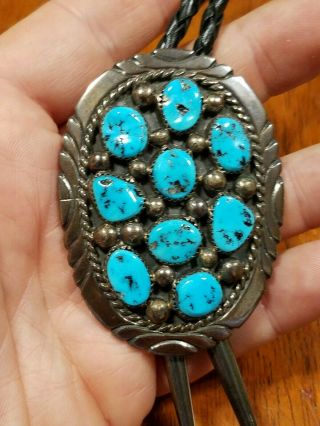 Huge Vintage Antique Sterling Silver Turquoise TOMMY MOORE Bolo Tie Leather 2