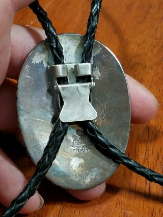 Huge Vintage Antique Sterling Silver Turquoise TOMMY MOORE Bolo Tie Leather 6