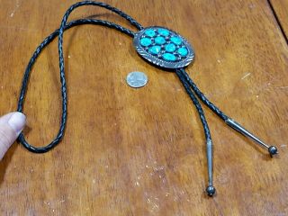 Huge Vintage Antique Sterling Silver Turquoise TOMMY MOORE Bolo Tie Leather 7