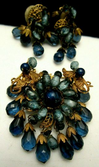 Rare Vintage Signed Miriam Haskell Blue Art Glass Dangle Brooch & Earring Set