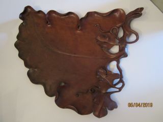 Antique Large Dark Mahogany Wood Carved Flat Leaf Tray Or Dish Intricate