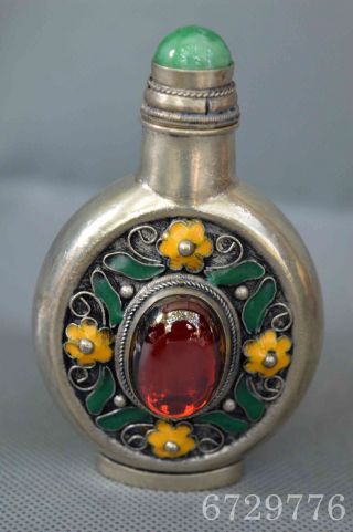 Old Collectable Miao Silver Carve Cloisonne Flower Inlay Jade Lucky Snuff Bottle