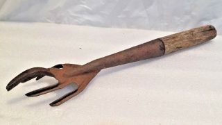 Very Vintage Garden Tool Claw Rake Hand Plow Green Heavy Metal And Wood.  Rare