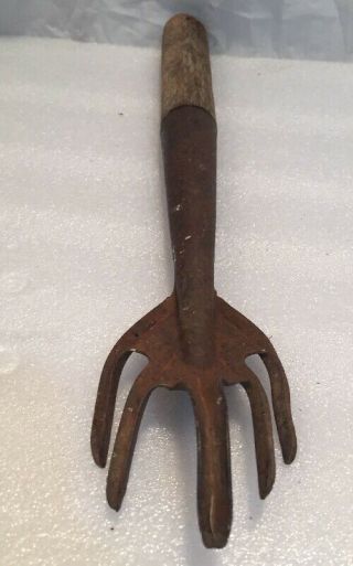 Very Vintage Garden Tool Claw Rake Hand Plow Green Heavy Metal and Wood.  RARE 3