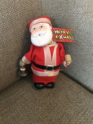 Vintage 60’s Santa Claus Tin Litho Wind Up Japan Neck Stretches And Rings Bell