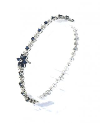 Modern Diamond Sapphire Tennis Line Bracelet Fancy Flower Clasp 14k White Gold