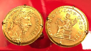 Ancient Roman Marcus Aurelius Aureus 168 Ad Rome Gold Plated Coin Cufflinks,  Box
