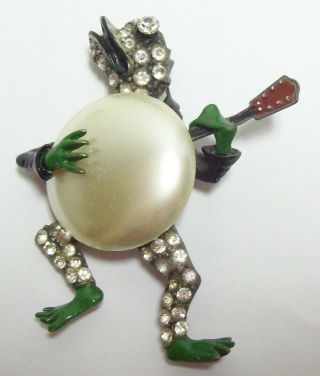 Vintage Staret Rhinestone Frog Playing Banjo Brooch Pin