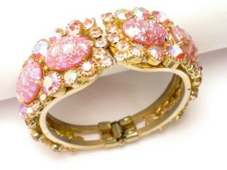 Vintage D&e Juliana Pink German Pressed Flower Rhinestone Clamper Bracelet