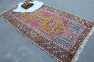 Turkish Vintage Handmade Anatolian Wool Red Area Rug Carpet 270x130cm,  106 " X51 "