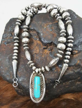 Navajo Stamped Sterling Beads Turquoise Vtg Pendant 15.  5 " Choker Necklace Wow