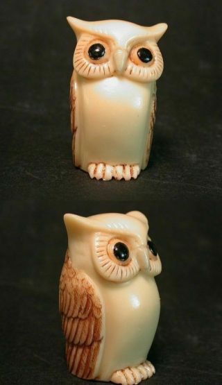 Japanese ivory colored bone netsuke - Just A Chubby Country Owl Bird 2