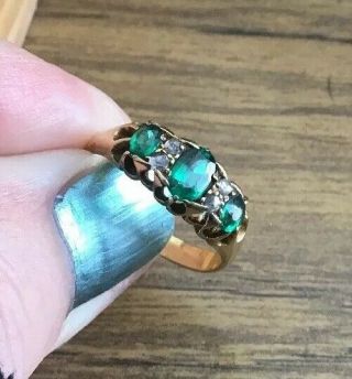 Antique Edwardian 18ct Gold Natural Mined Emeralds & Diamonds Ring 1904