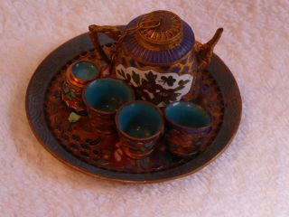 Cloisonne Miniture Tea Set Blue And White Gold And Red Quick
