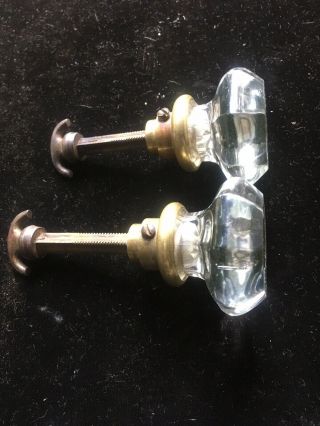2 Antique Brass & Glass Closet Door Knobs With Rod Shaft Spindle & Inside Knob