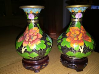 2 X Matching Chinese Cloisonne Enamel Small Vases On Stands