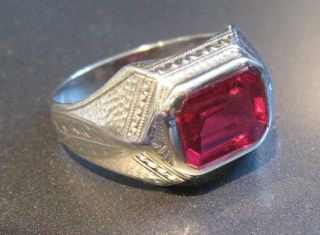 Mens Vintage Art Deco 14k White Gold Ring 7gr Red Synthetic Ruby Stone Size 10.  5