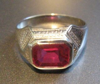 Mens Vintage Art Deco 14K White Gold Ring 7gr Red Synthetic Ruby Stone Size 10.  5 2