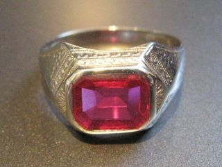 Mens Vintage Art Deco 14K White Gold Ring 7gr Red Synthetic Ruby Stone Size 10.  5 3