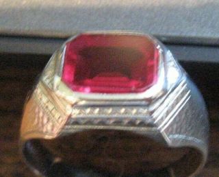 Mens Vintage Art Deco 14K White Gold Ring 7gr Red Synthetic Ruby Stone Size 10.  5 4