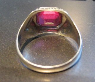 Mens Vintage Art Deco 14K White Gold Ring 7gr Red Synthetic Ruby Stone Size 10.  5 5