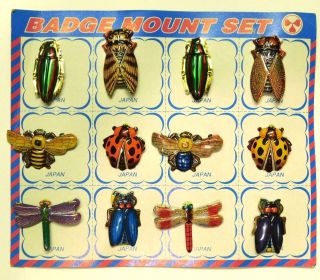 12 Vintage Japanese Tin Insect Novelty Badges On Card - A