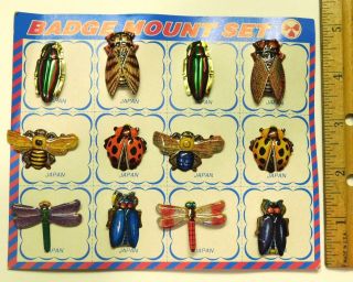 12 Vintage Japanese Tin Insect Novelty Badges on Card - A 2