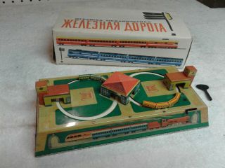 Vintage Russian Tin Litho Wind - Up Double Train Toy Aopota With Orignal Box