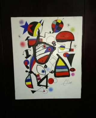 Vintage And Rare Joan Miro Oil On Canvas Painting Signed 23.  8 " X 19.  8 "