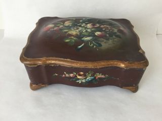 Antique Scalloped Wood Hinged Trinket Box Hand Painted Flowers Italy (bd1)