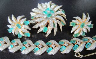 Joseph Mazer Rare Emerald Green & Ice Rhinestone Bracelet Pin Earring Set