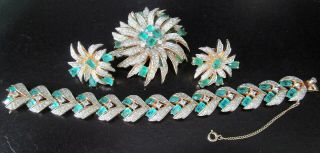 JOSEPH MAZER RARE Emerald Green & Ice Rhinestone Bracelet Pin Earring Set 2