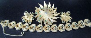 JOSEPH MAZER RARE Emerald Green & Ice Rhinestone Bracelet Pin Earring Set 3