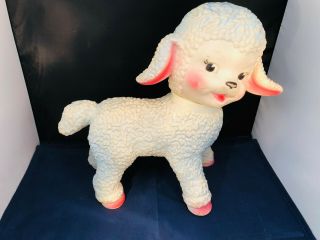 Vintage The Sun Rubber Company Lamb Swivel Head Toy On Glass Rollers 10”
