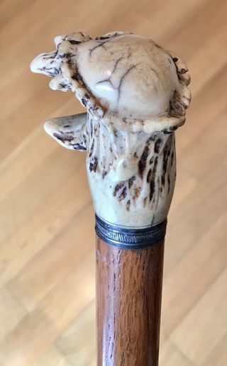 Vintage Antique 19c Walking Stick Cane Antler Stag Wooden Shaft Ferrule