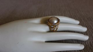 14k Yellow Gold Vintage 1940s Mabe Pearl & Diamond Ring Size 7.  5,  8.  6 Grams