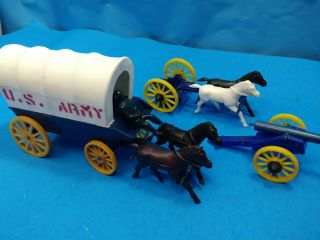 Marx Rel - 60mm - Covered Wagon Driver Horses Hitch & Cannon - Us Army - Blue