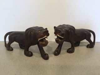 Pair Antique Vintage Chinese Hand Carved Wooden Lions W Tongues Teeth 7 1/2 "