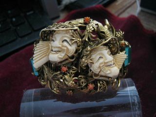 Germany 1930s Gilt Brass Bracelet W/ Czech Glass & Bovine Bone Oh Masks,  Sandor