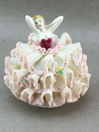 Vintage Irish Dresden Lace Lady Figurine 1978 White & Pink Gown